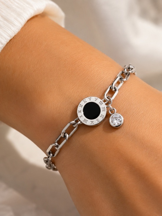 Jewelry - Stainless Steel Roman Numeral Bracelet Black Enamel CZ Charm Waterproof